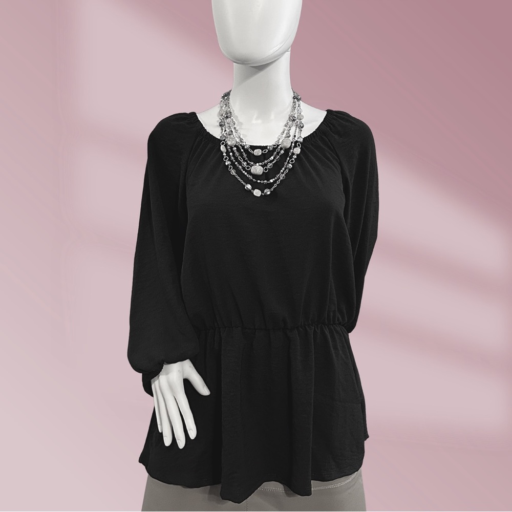 Antthony Women's Black Elastic Waist Black Peasant Top Blouse Sz Large NWT!